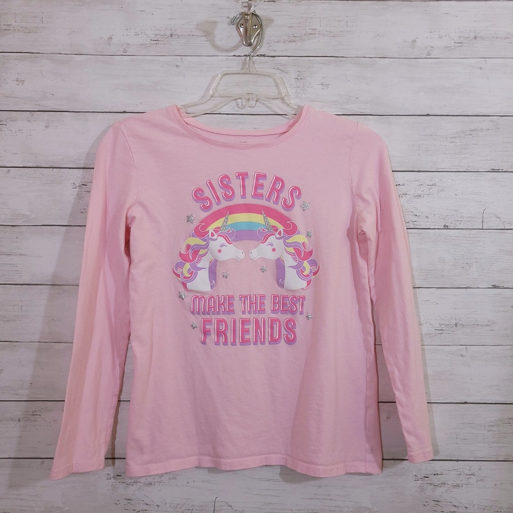 Childrens Place Girls XL 14 Pink Unicorn Rainbow Sisters Long Sleeve Graphic Tee